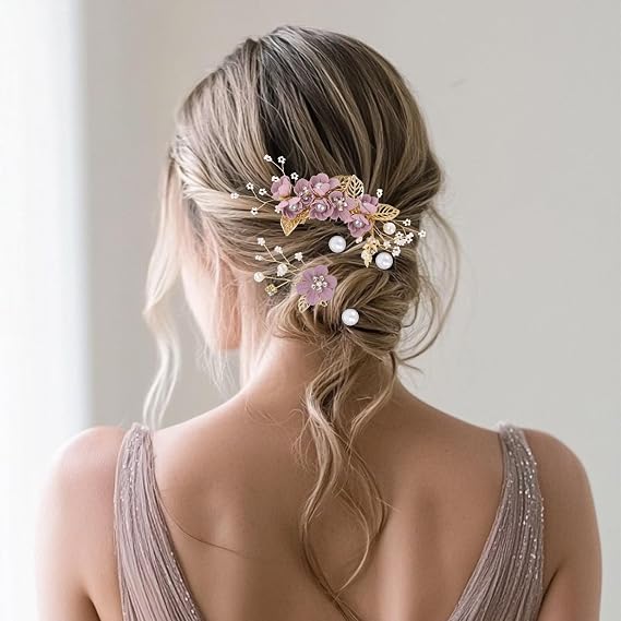 4Pcs Wedding Hair Accessories for Women, Classy Bridal Hair Pins Flower Bridesmaid Hair Accessories 10Pcs Spiral Pearl Hair Pins for Brides Bridesmaids Women Girls (Purple)
