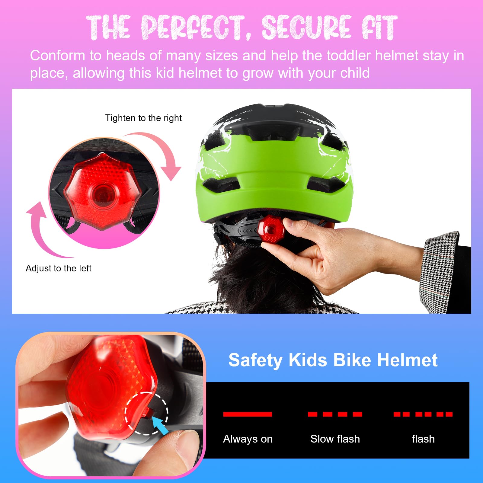 Casco da bici per bambini e bambine dai 3 ai 15 anni, leggero, con fanale posteriore, quadrante regolabile, visiera rimovibile (50-56 cm)