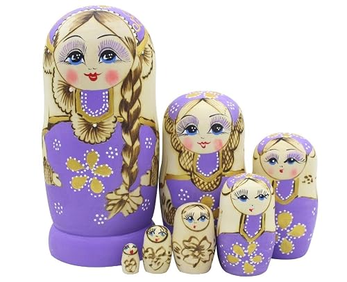 Winterworm Juego de 7 piezas trenzas largas para niña, muñecas moradas Matryoshka, muñeca Babushka