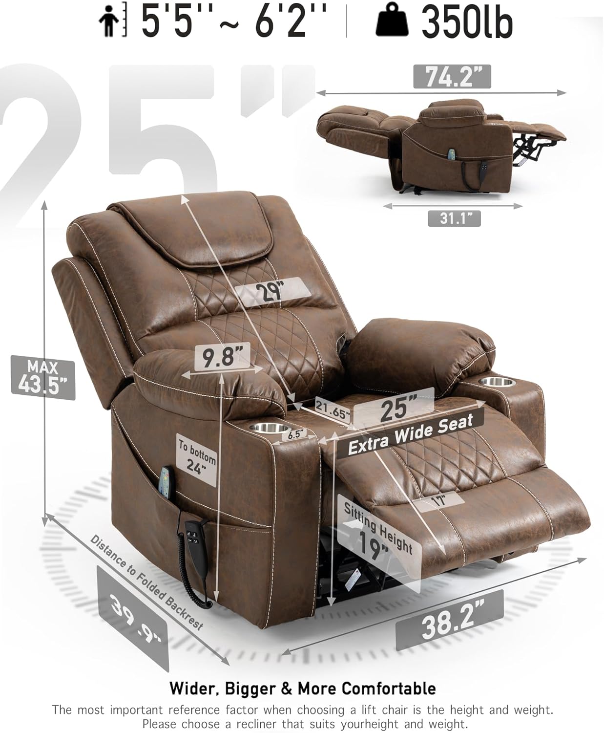 Lazy Boy Recliner ChairLazy Boy Recliner Chair with Heated and Massage, Upgraded Dual Motor Lay Flat Recliners, 25in Extra Wide Seat, Folding Tablet, Side Pocket