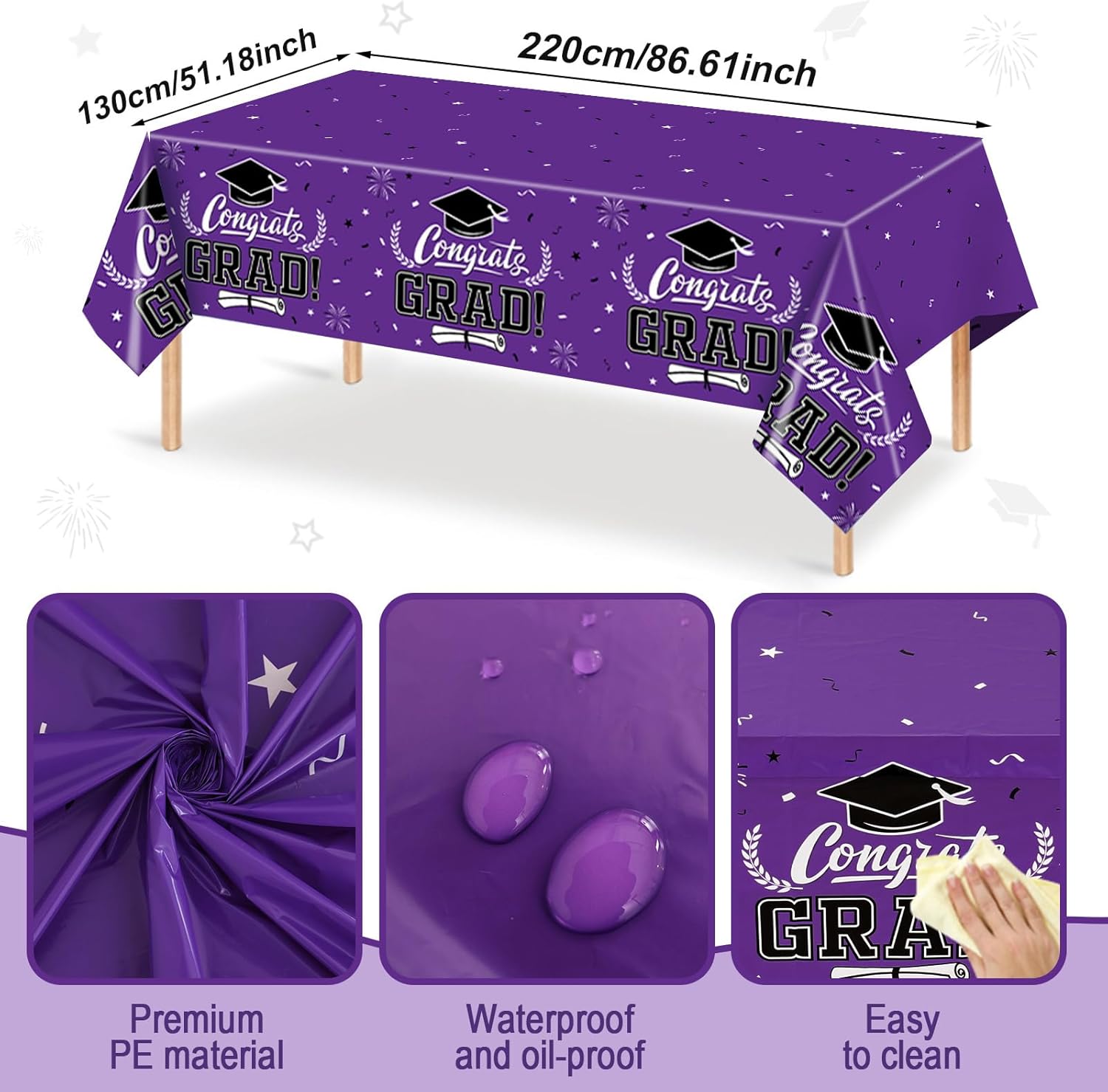 Staraise 2025 Graduation Party Table Decorations 3PCS Purple Graduation Tablecloths,Waterproof Plastic Rectangular Disposable Table Cover for Congrats Grad Cloths Party Supplies,51.2x86.6inch