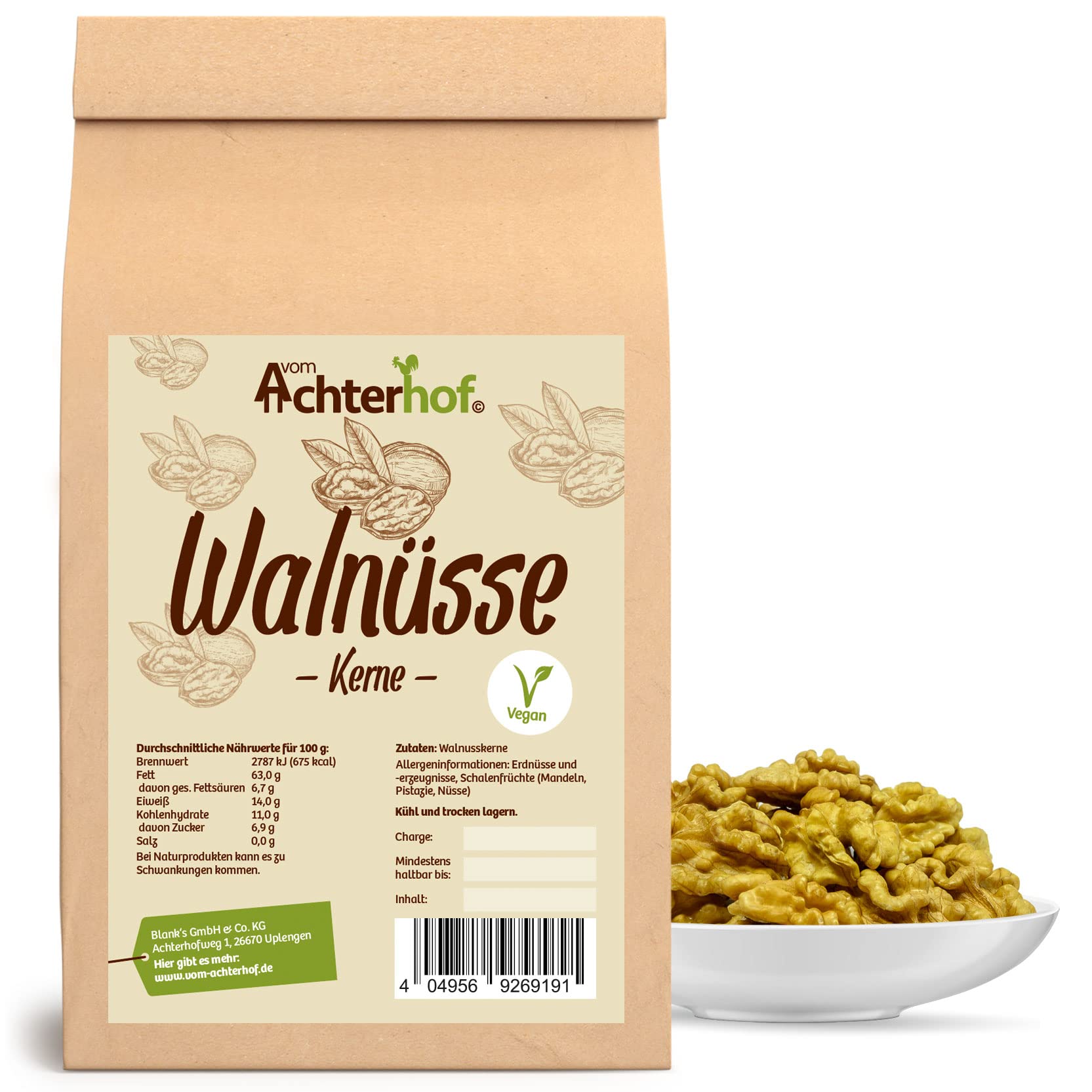 Walnüsse 1000g | Walnüsse ohne Schale | Wallnusskerne als ideale Ballaststoffquelle | perfekt zum Backen, zum Verfeinern von Salaten und Bowls oder zum Knabbern | vom Achterhof
