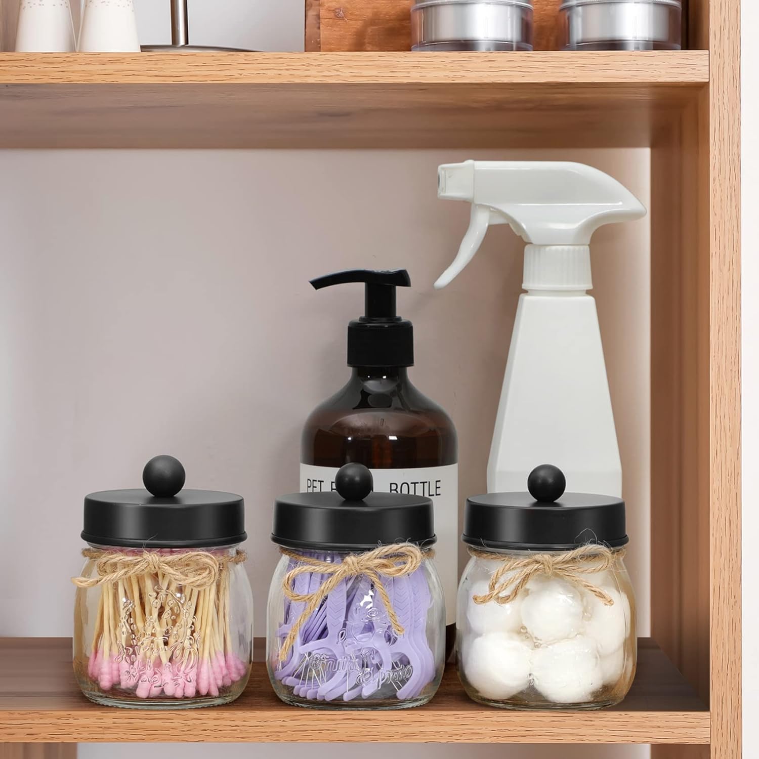 3 Pack Glass Apothecary Jar Canisters - Qtip Holder Dispenser for Cotton Ball & Swab & Pads - Vanity Storage Container Organizer - Rustic Farmhouse Mason Jar Bathroom Accessorries, Decor Set - Black : Everything Else