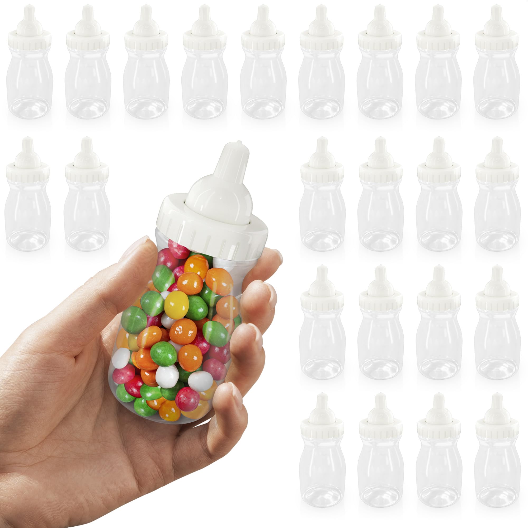 24 Pcs Small Bottles for Mom to Be Party – Clear Fillable Milk-Shaped Containers for Candy, Figurines, Coins, Trinkets – Durable Plastic Decorations for Party Themes, Events, Favors and Fun Activities