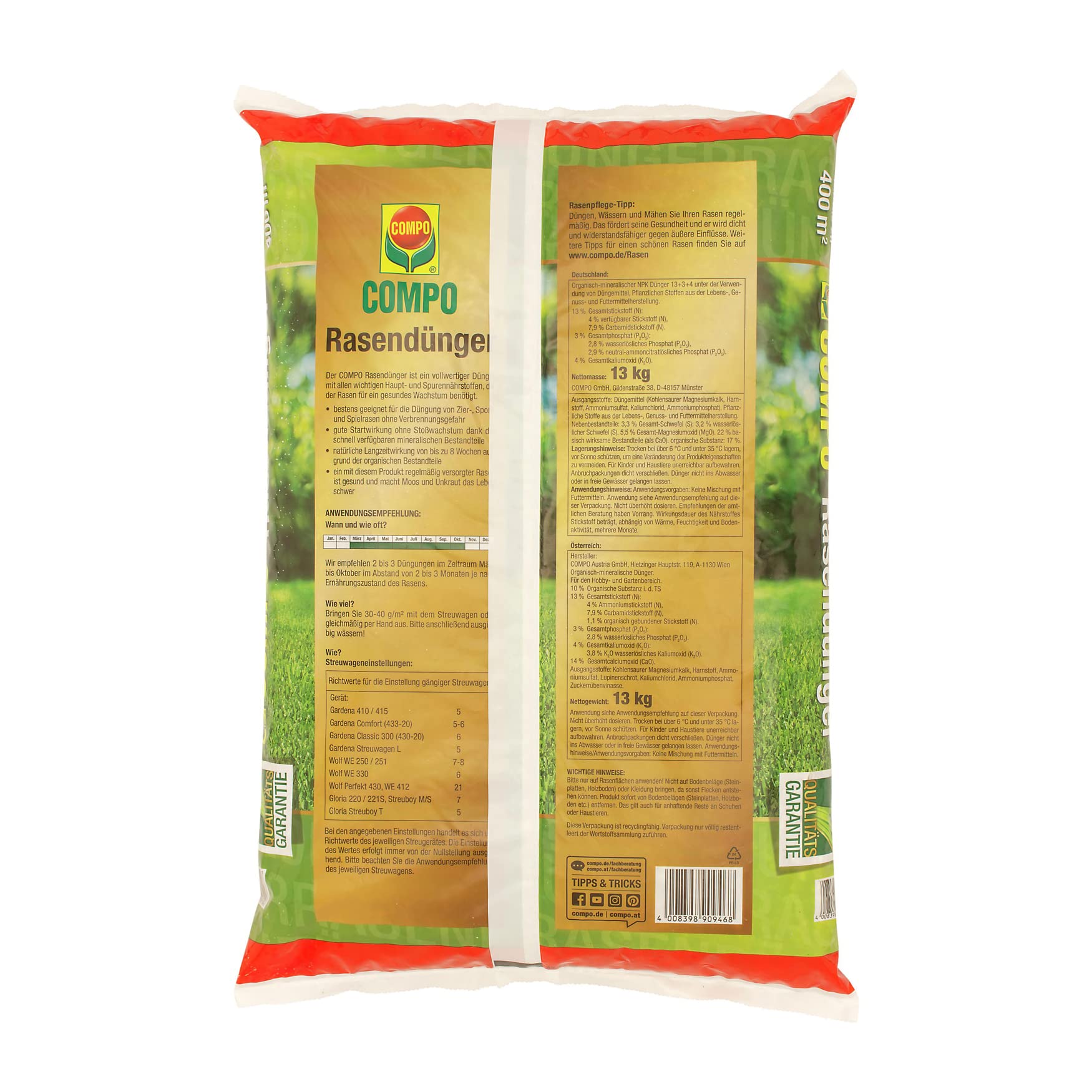 COMPO Rasendünger, Dünger mit 2-3 Monaten Langzeitwirkung, Feingranulat, 13 kg, 400 m²