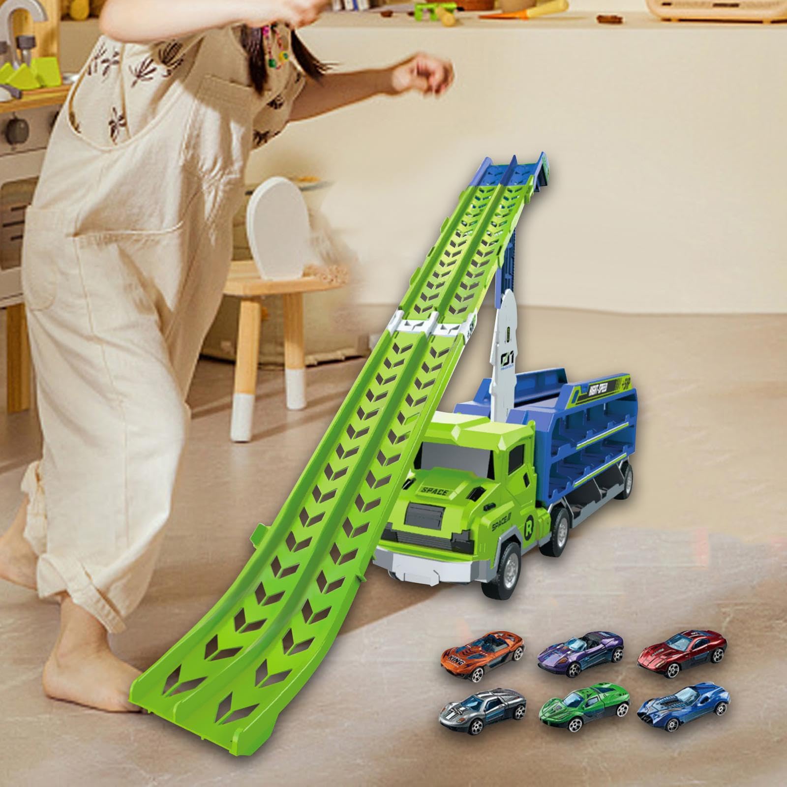 Camión Transportador de Coches de Juguete, Camión Megatransportador Transformable, Camión Transportador de Juguetes Plegable, Verde
