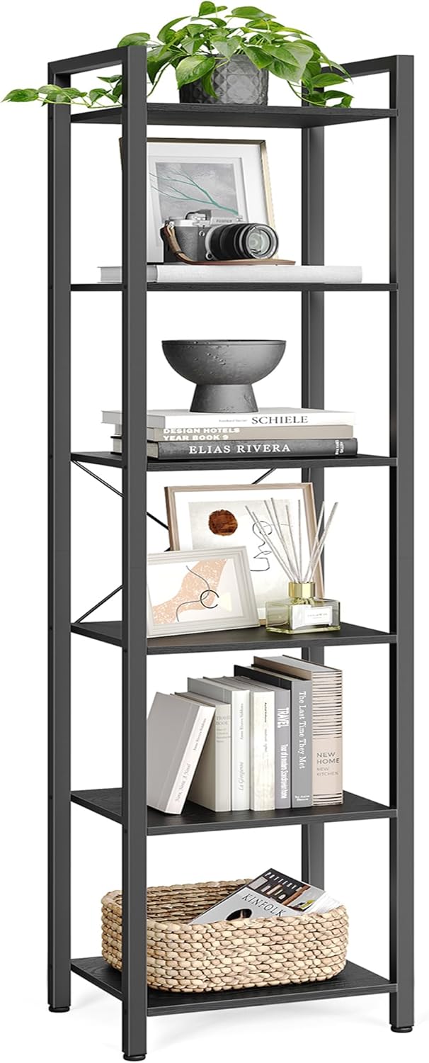 VASAGLE 6-Tier Bookshelf, Bookcase with Steel Frame, Book Shelf for Living Room, Home Office, Study, 11.8 x 15.7 x 73.2 Inches, Industrial Style, Ebony Black and Ink Black ULLS101B56