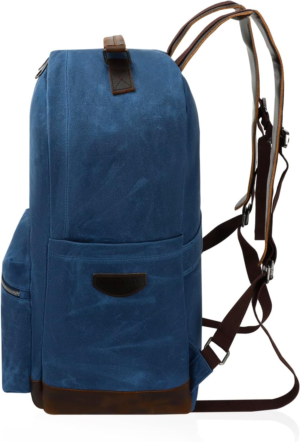 Double Oak Essentials Canvas Leather Backpack, Waxed Canvas with Full-Grain Cowhide Trim, Vintage Style Daypack, Army Green (Blue)