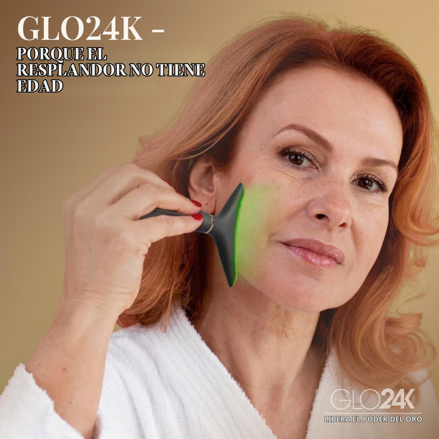 Dispositivo de belleza para el rejuvenecimiento de la piel GLO24K para rostro y cuello. Basado en tecnologías LED, térmicas y de vibración de triple acción.