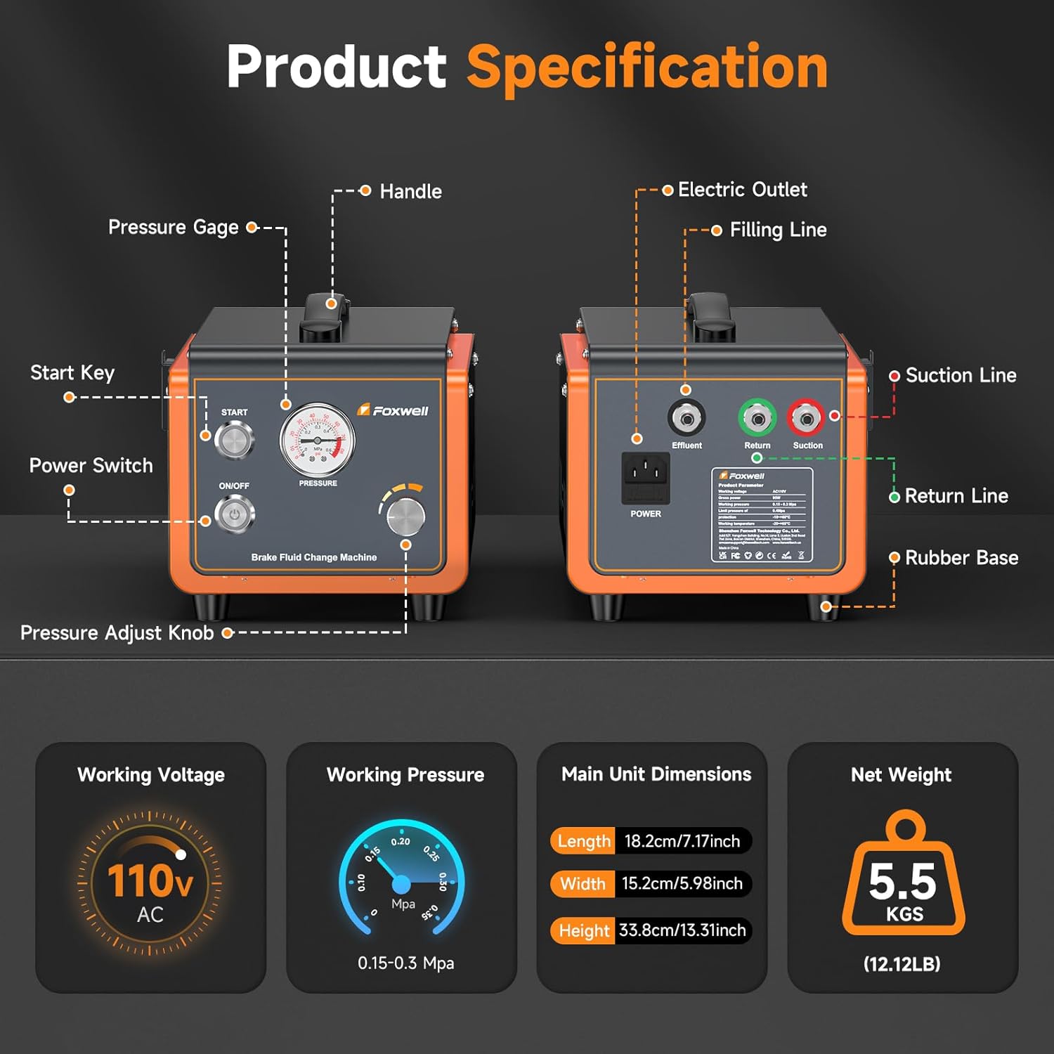 FOXWELL RT1000 Automatic Brake Bleeder Kit – Dual-Pump Smart Pulse Fluid Exchanger, One Man Brake Bleeding Tool with Precise Pressure Gauge & Dual-Switch Safety, Air-Free Power Brake Fluid Bleeder