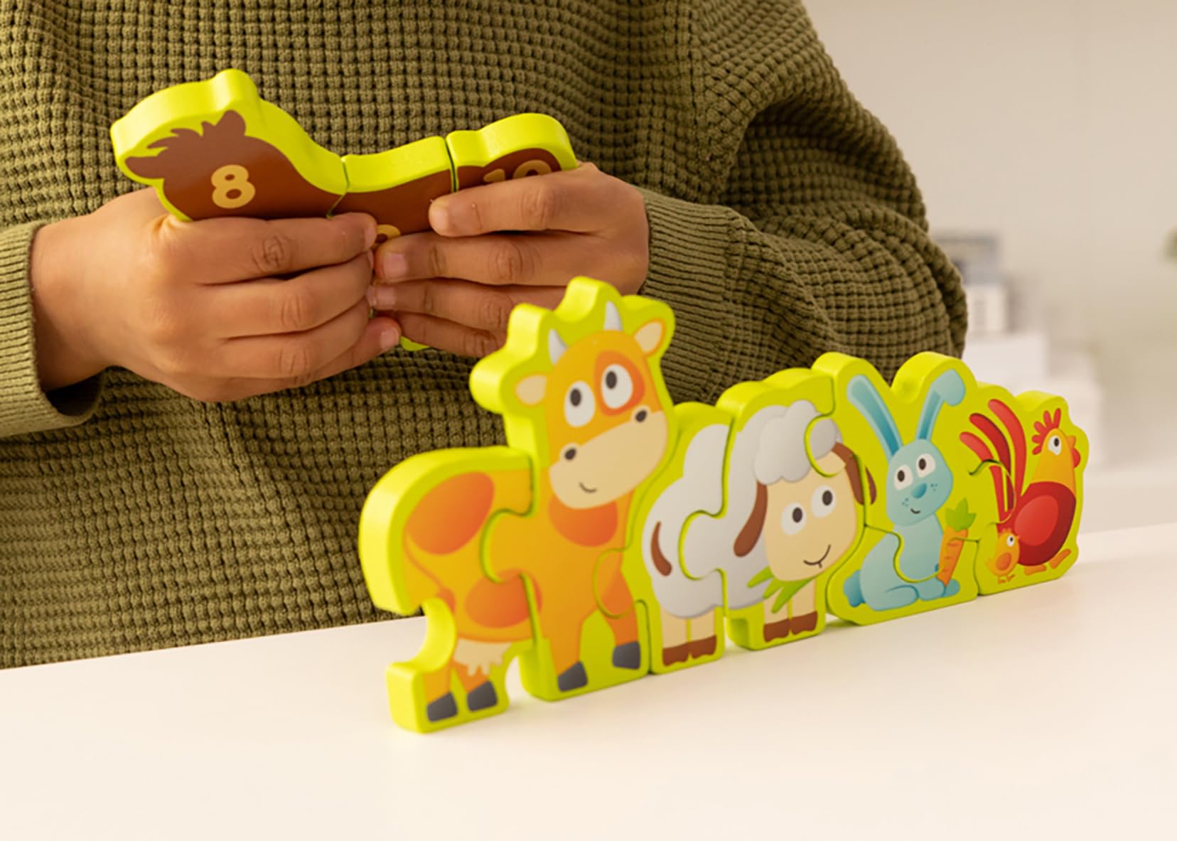 Hape Numbers & Farm Animal Puzzle Double-Sided Wooden Jigsaw Game for Kids 10-Piece, Multi-Coloured