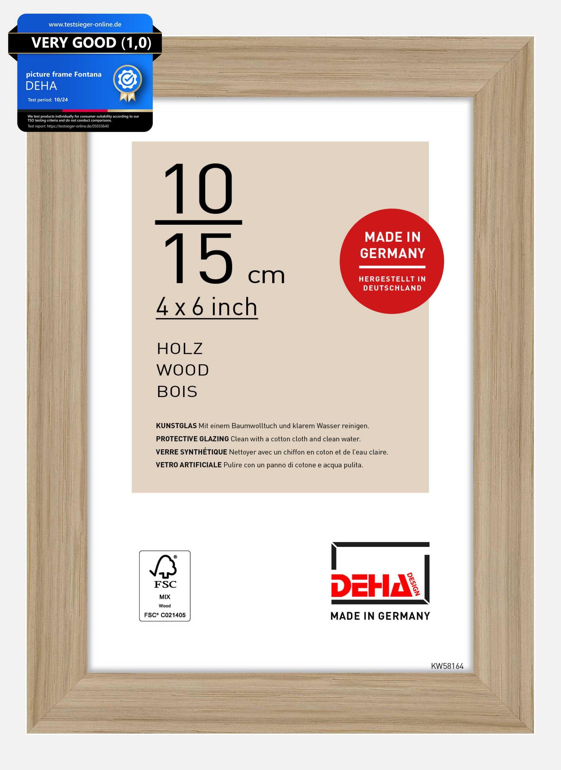 Deha Design Oak Fontana Wooden Picture Frame - 10X15 cm (4X6 in) – - With Synthetic Glass And Push/Turn Clips