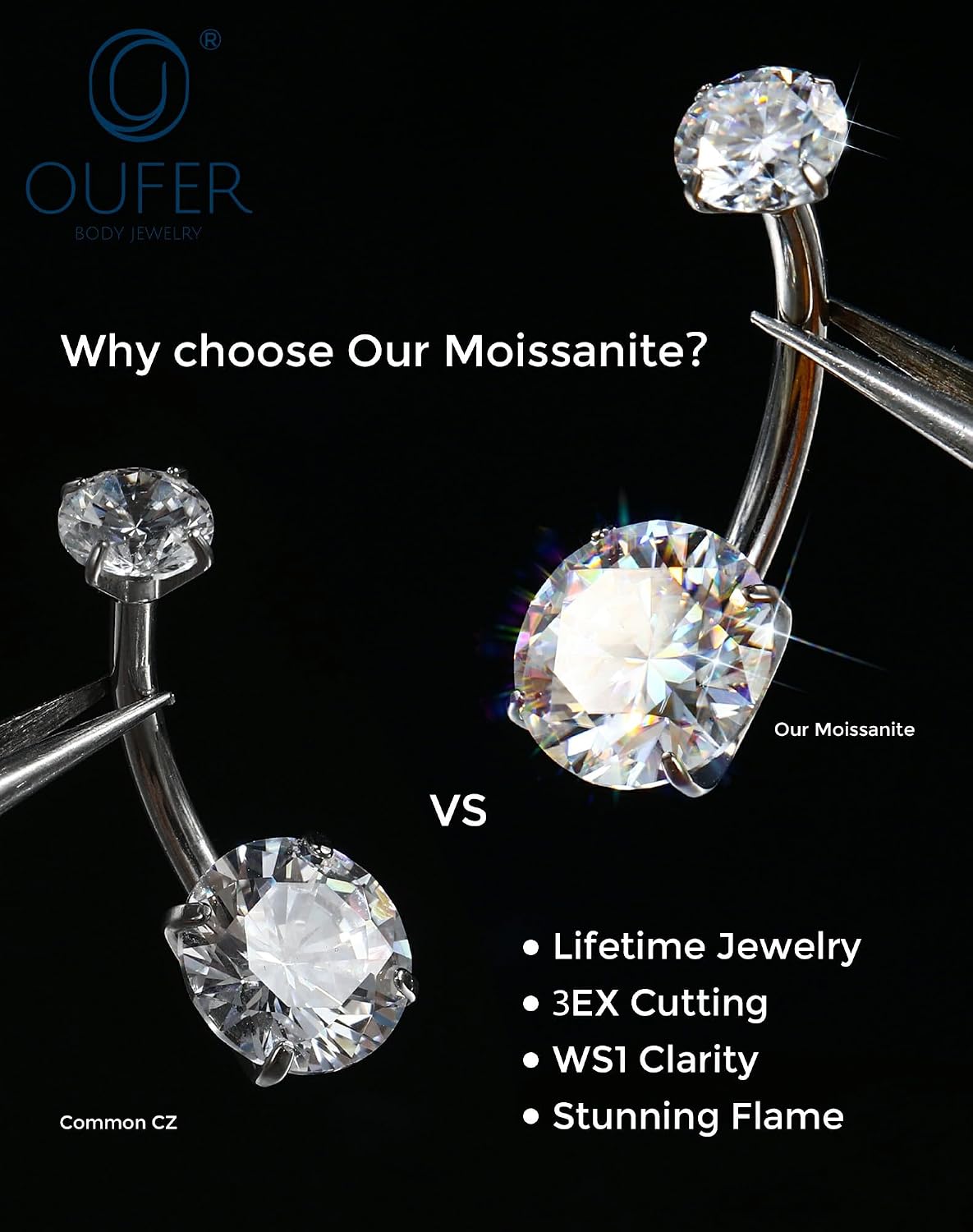 OUFER 14G G23 Titanium Moissanite Internally Threaded Belly Button Ring with Care Kit for Healing,D Color VVS1 Brilliant Cut Stones, Silver/18K Gold Plated Hypoallergenic Navel Piercing Jewelry for Women Men