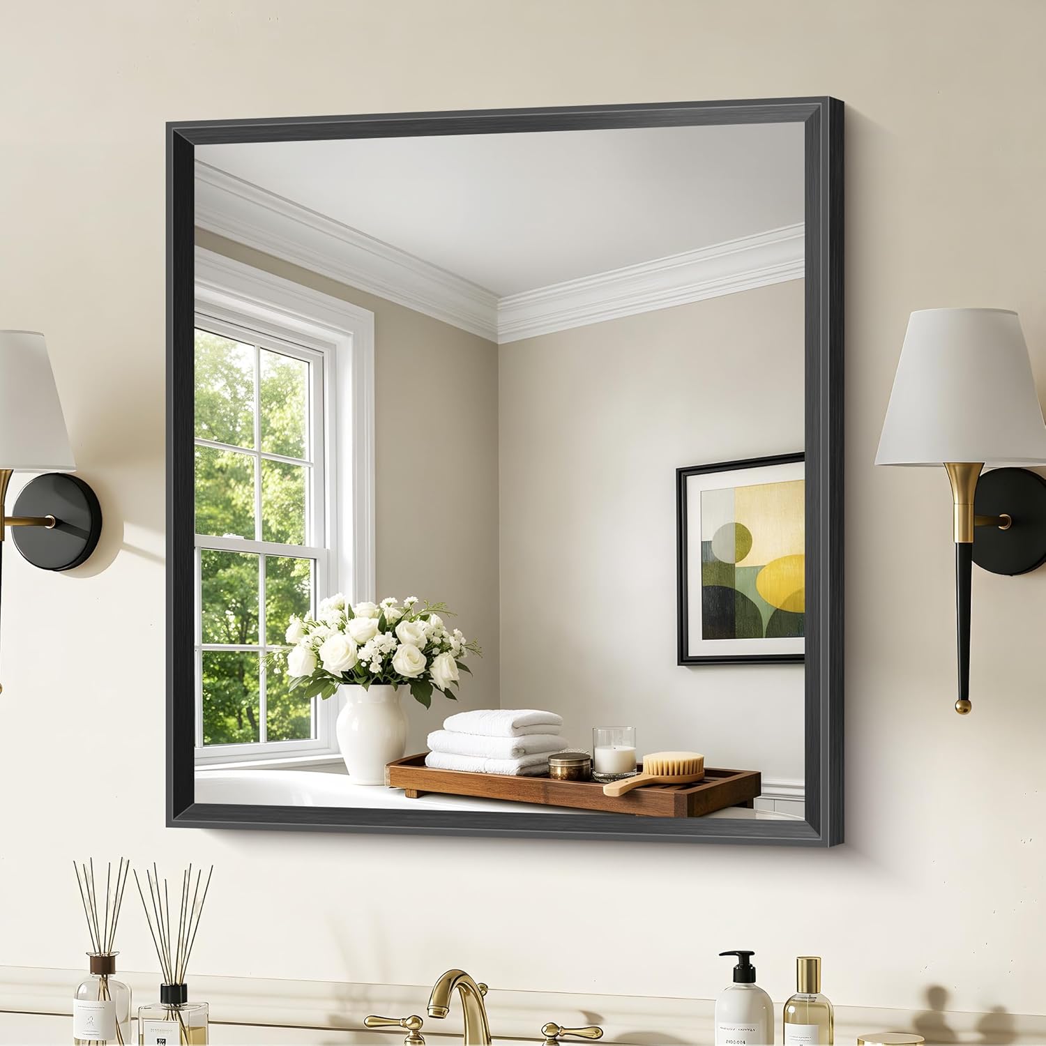 Black Bathroom Mirror for Wall 30x30 Inch Square Brushed Black Beveled Edge Frame Bathroom Vanity Mirrors Thick Metal