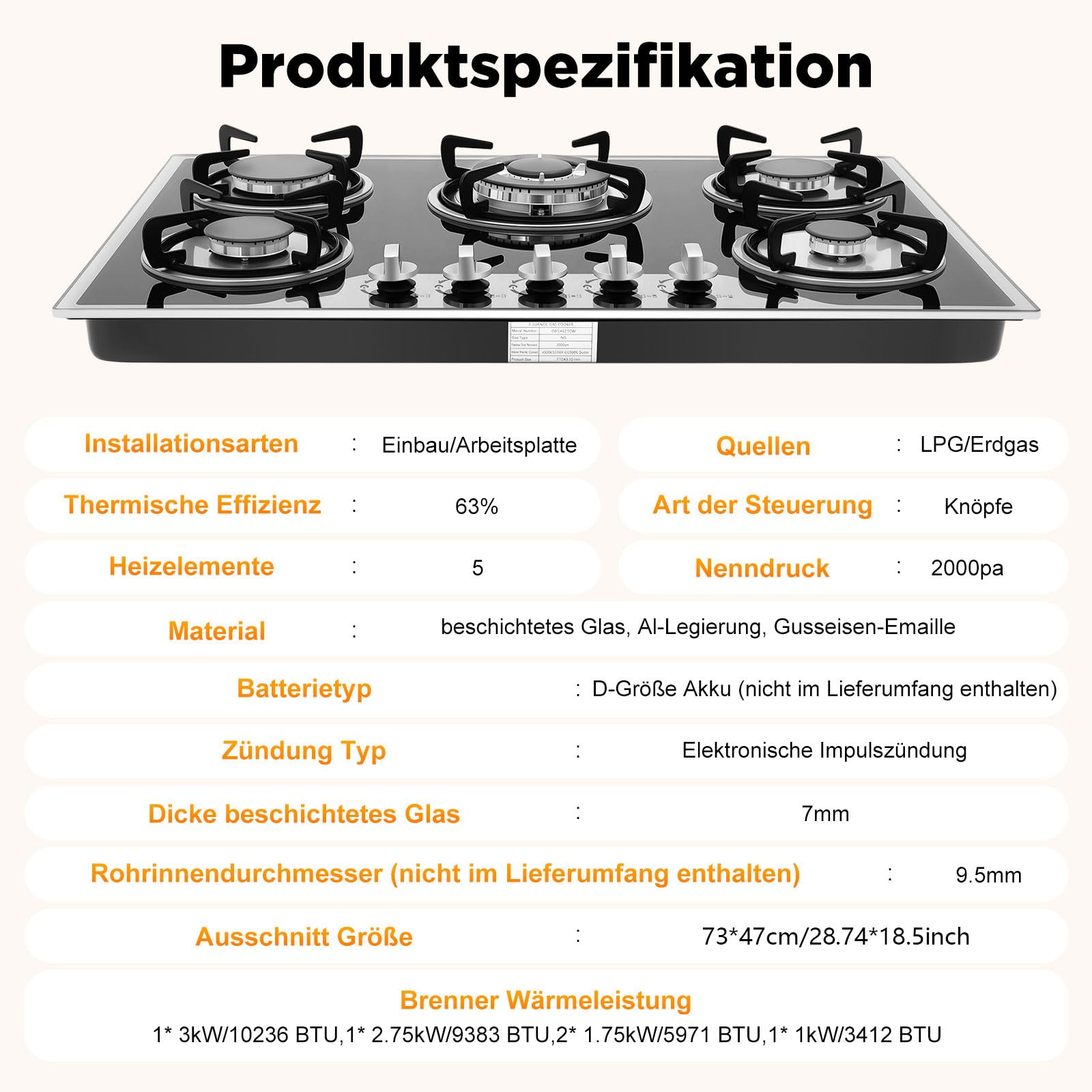 Kuchenka gazowa z 5 palnikami, do zabudowy, szkło, 5 płyt gazowych, gaz propan, regulacja ognia 180°, stal nierdzewna, kuchenka gazowa do zabudowy, kuchenka gazowa z stelażem, LPG, gaz ziemny, 77,5 x