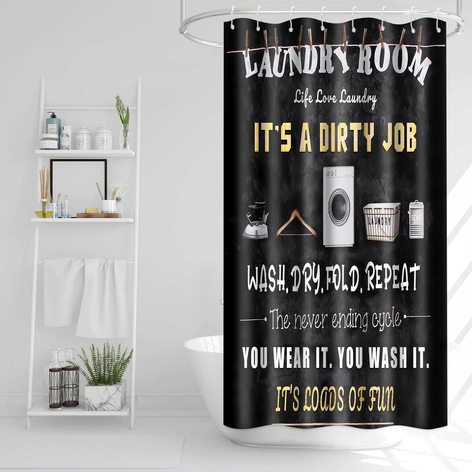 Laundry Room Shower Curtain, 60x72 inch Polyester, Laundry Wash Dry Fold Repeat Shower Curtain Sets, Life Inspirational Bathroom Bathtubs Decor Set with 10 Hooks YLOKTP0381