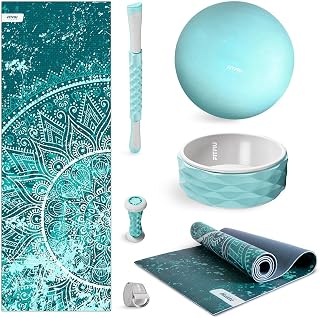 FITFIU Fitness KITWELL-600 Pack de 6 accesorios Yoga Pilates Color Azul con Esterilla, Pelota, Rueda, Correa y 2 Masajeadores Incluye Guía de Ejercicios Wellness
