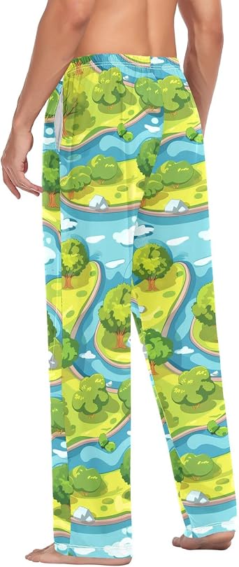 Men's Pajama Bottom Island River Landscape Pattern Cotton Pajama Pants Drawstring Sleepwear Long Pants Pockets