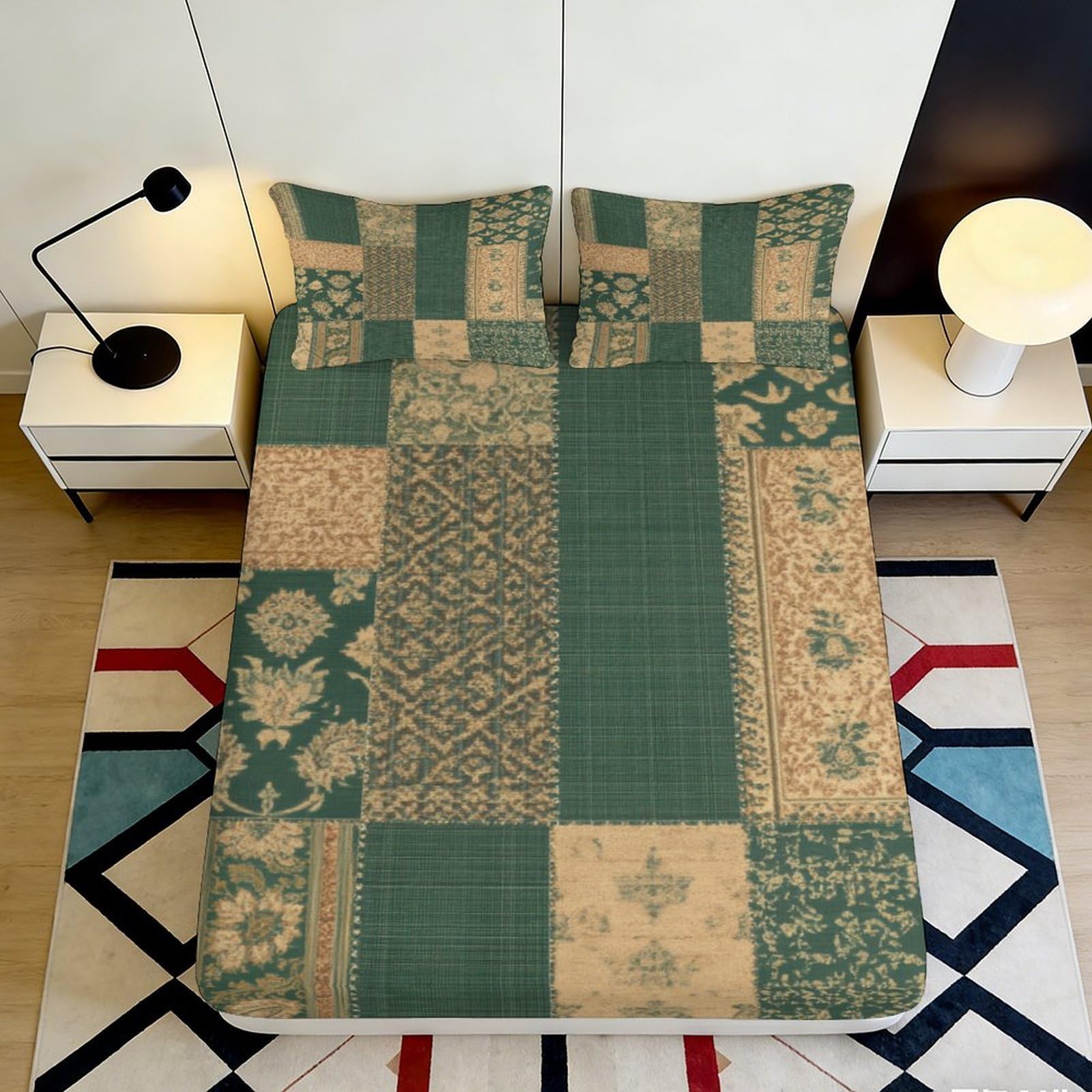 3D Printed Green Geometric Patchwork Fitted Sheet Microfiber Soft Bed Cover for Bedroom Guest Room Decor 90x200x25cm