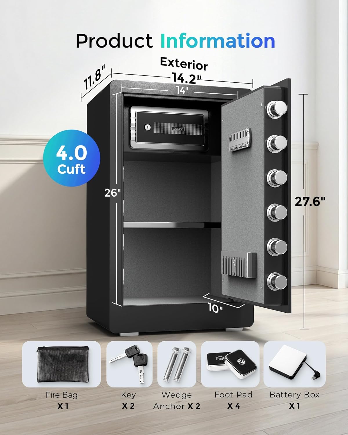 DAYI Biometric Fingerprint Safe Box, 4.0 Cubic Feet Home Safes with Fireproof Bag, Digital Touchpad Security Safe for Money, Documents, Ideal for Home Office Use - DF-70 Plus2