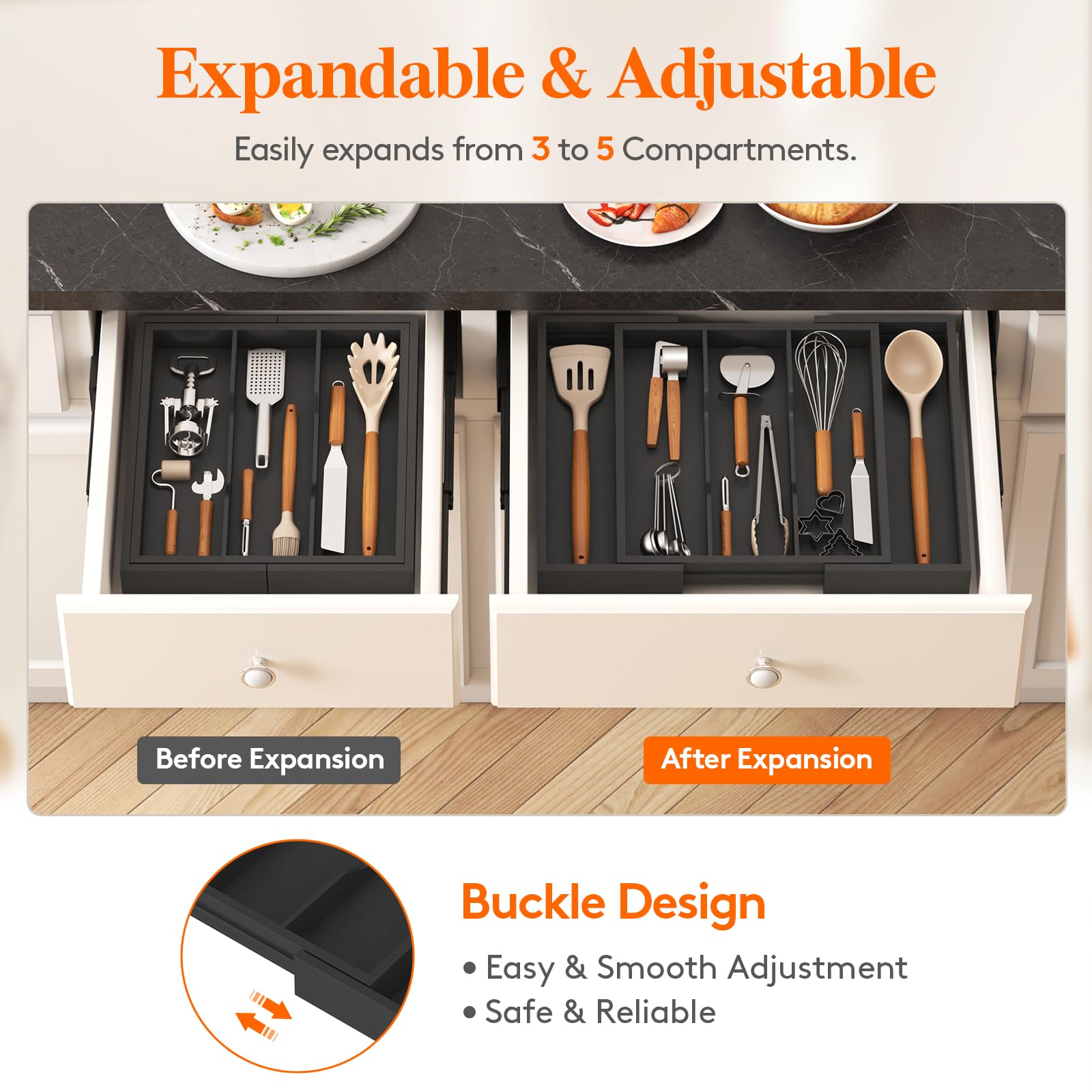 Lifewit Utensil Drawer Organiser, Extendable Cutlery Tray for Kitchen Silverware Flatware Holder - Image 4