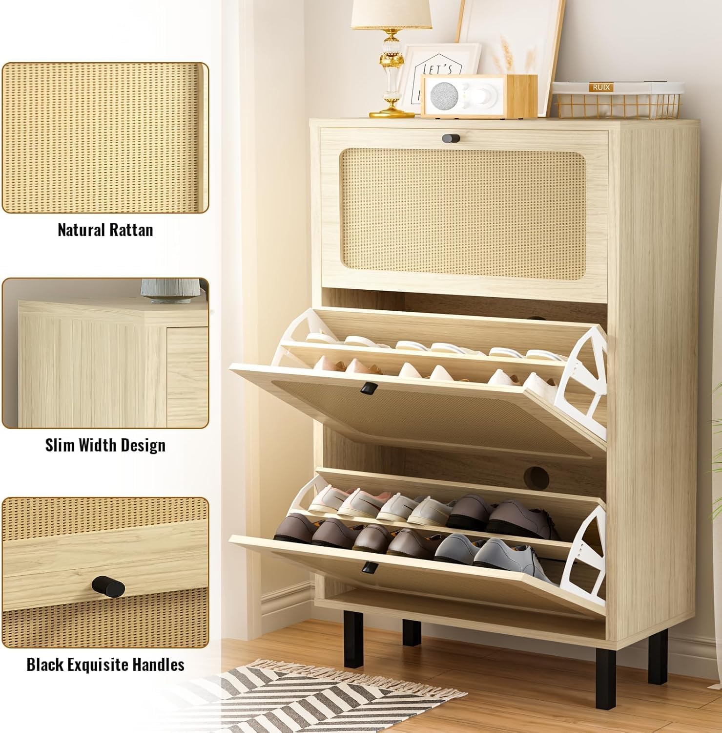 MIERES Shoe Cabinet with 3 Flip Drawers, Narrow Shoe Rack with Adjustable or Removable Shelf, Freestanding Organizer with Metal Legs, Natural Rattan Shoe Storage Cabinet for Entryway, Foyer, Hallways