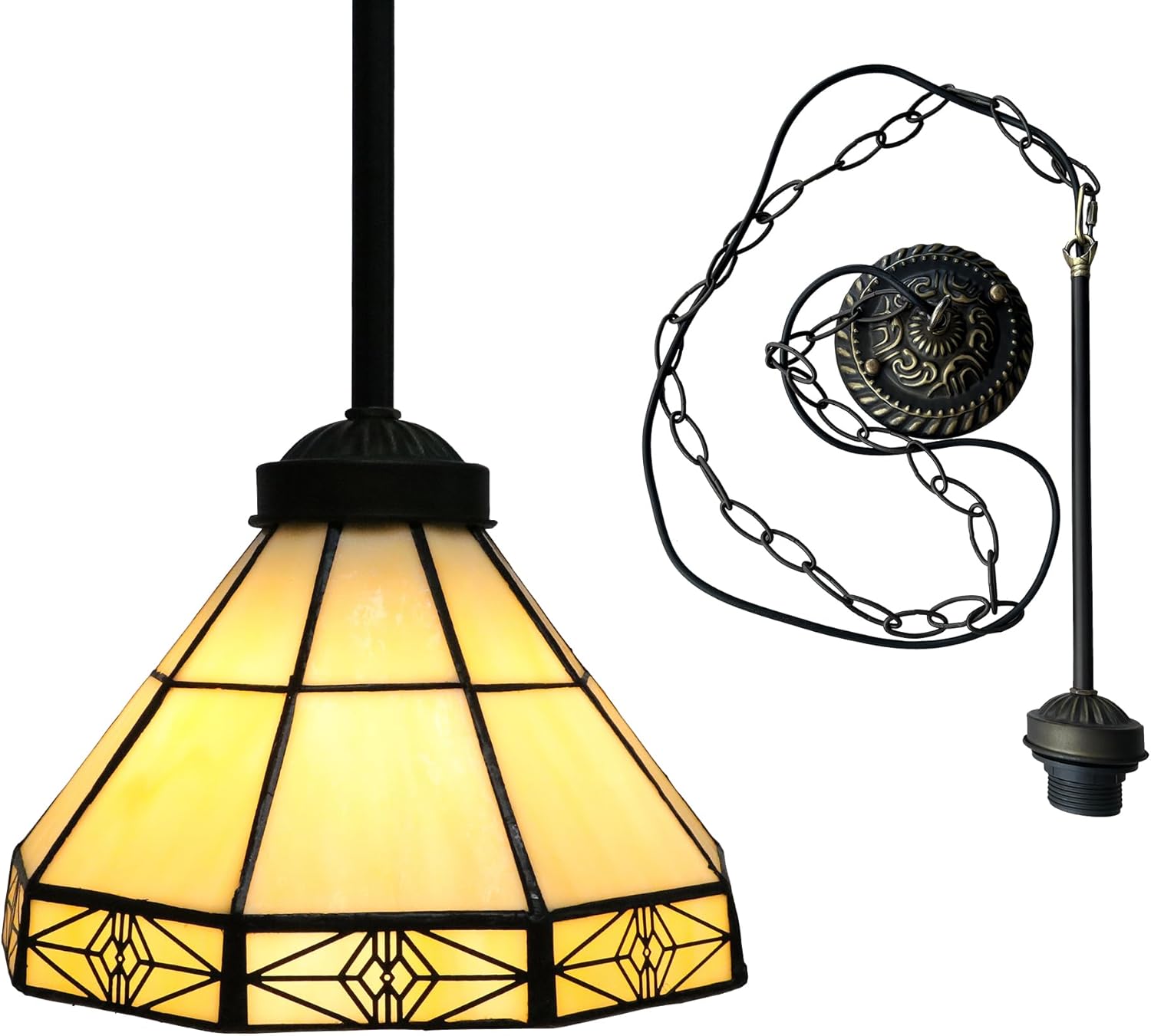 Tiffany Mini Pendant Light, 8 Inch Wide Vintage Victorian White Simple Style Stained Glass Hanging Lamp, Inverted Ceiling Lights Chandelier for Kitchen Island Dining Room Bar Hallway