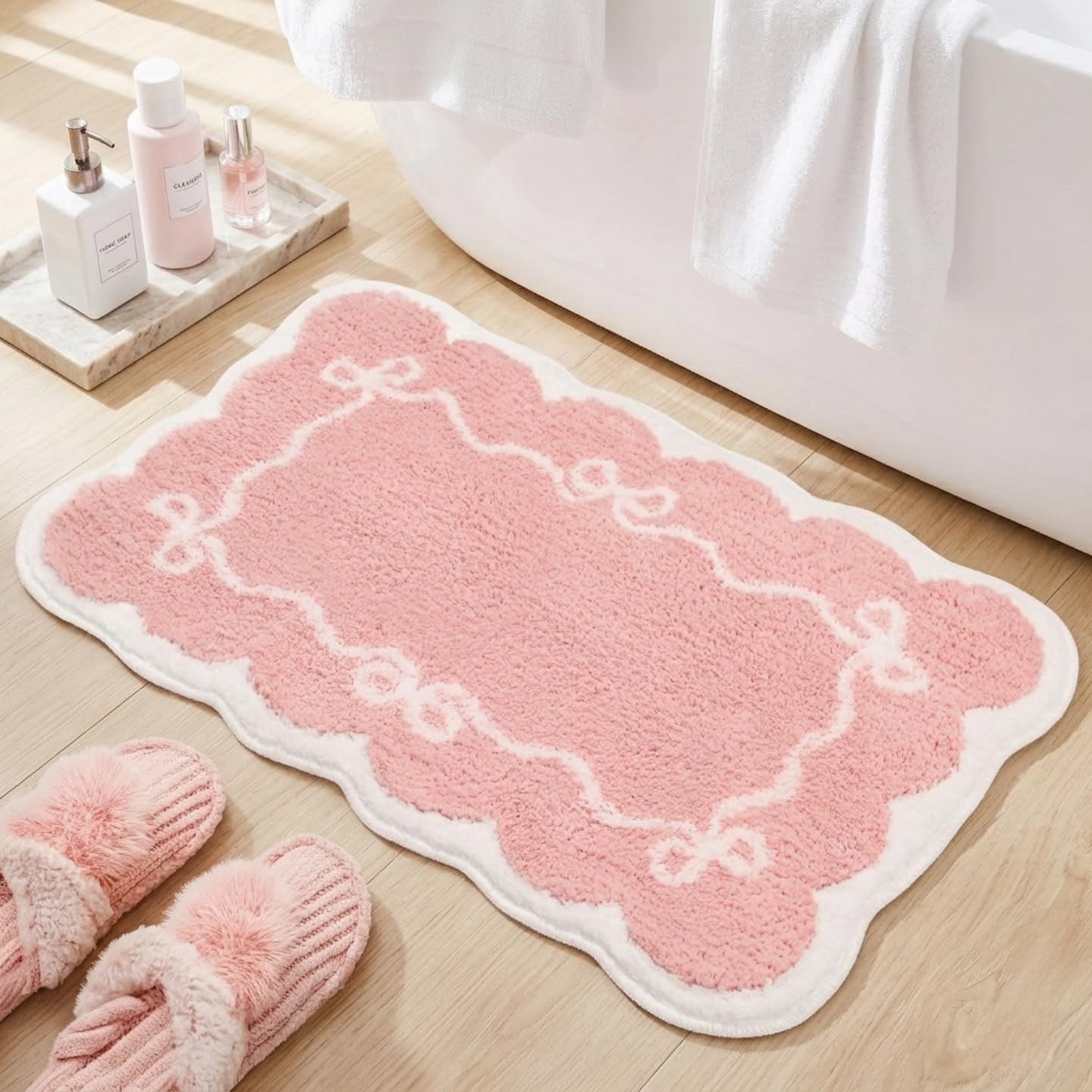 Pink Bathroom Rugs – Scalloped Bath Mat with Bow, Non-Slip & Washable Pink Bath Rug, Cute Bath Mat for Aesthetic Decor, Bow Bathroom Rug for Shower, Sink, and Tub (32x20 inch)