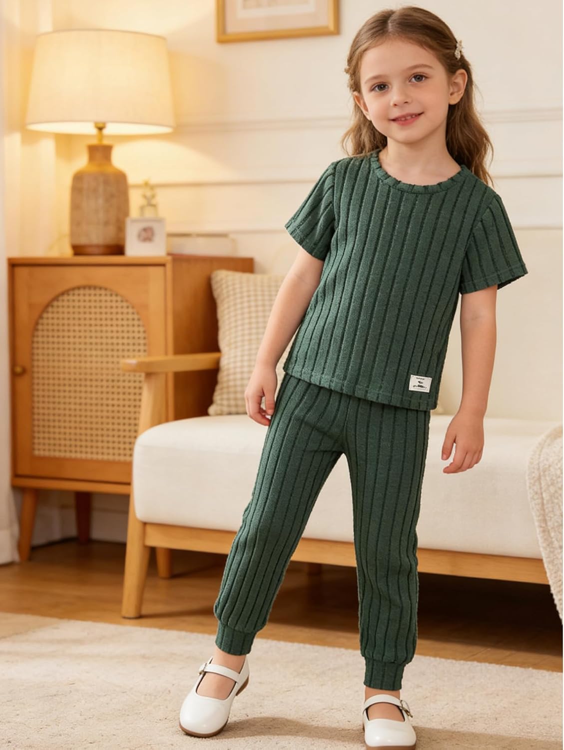 Girls 6 Pieces Knit Outfits Short Sleeve Tee Tops and Pants Clothing Set 4-12Y