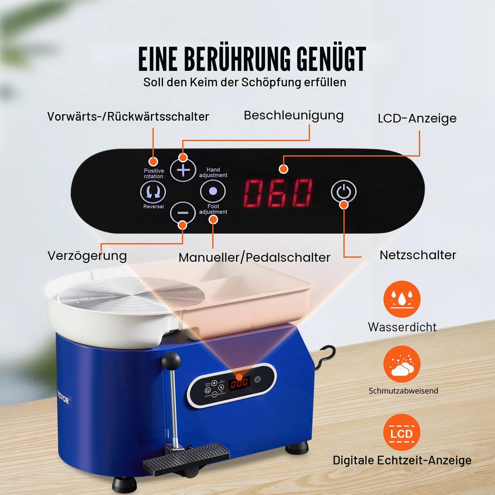 VEVOR Töpferscheibe Keramik Rad Maschine Max. 450 W, Elektrische Töpferscheibe Maschine 28 cm 300 U/min Töpferscheibenmaschine, mit Pedal & Schürze Formmaschine, Geeignet für Anfänger, Enthusiasten