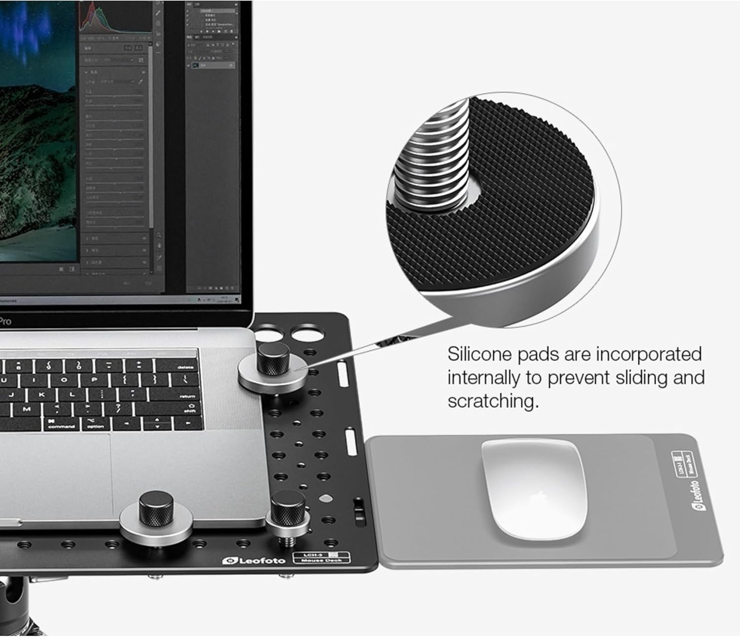 LEOFOTO Laptop Tray with 3/8" & 1/4" Mounting Holes, Universal Laptop Mount, Arca Standard, Secure Clamps, Tripod Compatible (LCH-3)