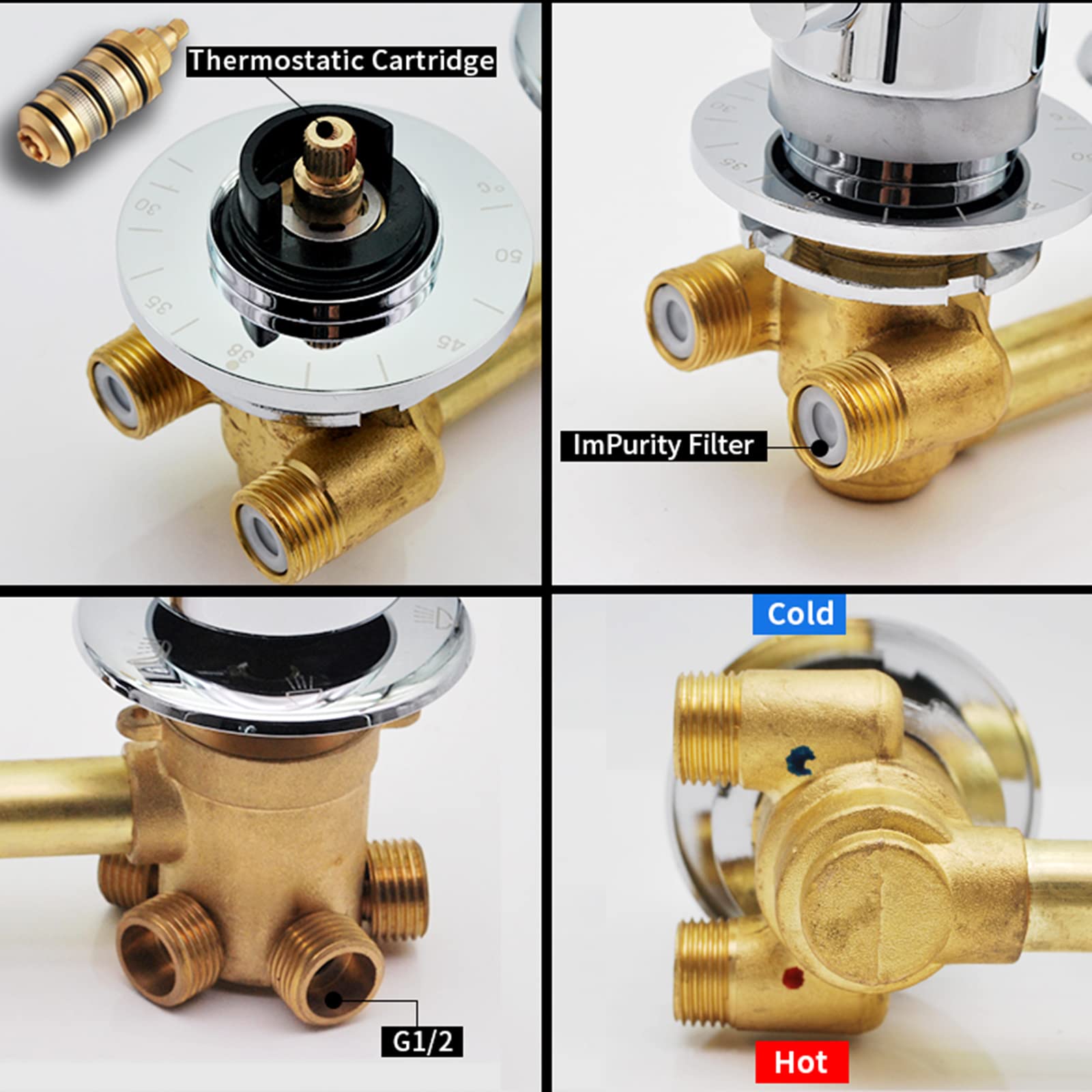 Válvula Mezcladora de Latón 3 Perillas Desviador Grifo Ducha Termostático Control Temperatura Rosca Tornillo/Intubación 2/3/4/5 Vías, Cartucho Latón, Termostato Automático (Intubación 3 Salida)