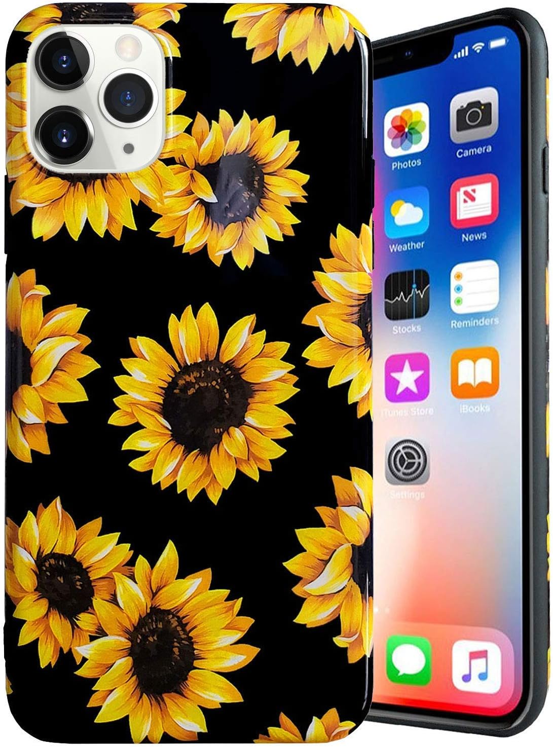 J.west iPhone 11 Pro Case Sunflowers 5.8-inch, Vintage Black Yellow Floral Design Pattern Soft Flexible Silicone Slim Drop Protective Phone Case Cover for Girls Womens for Apple iPhone 11 Pro