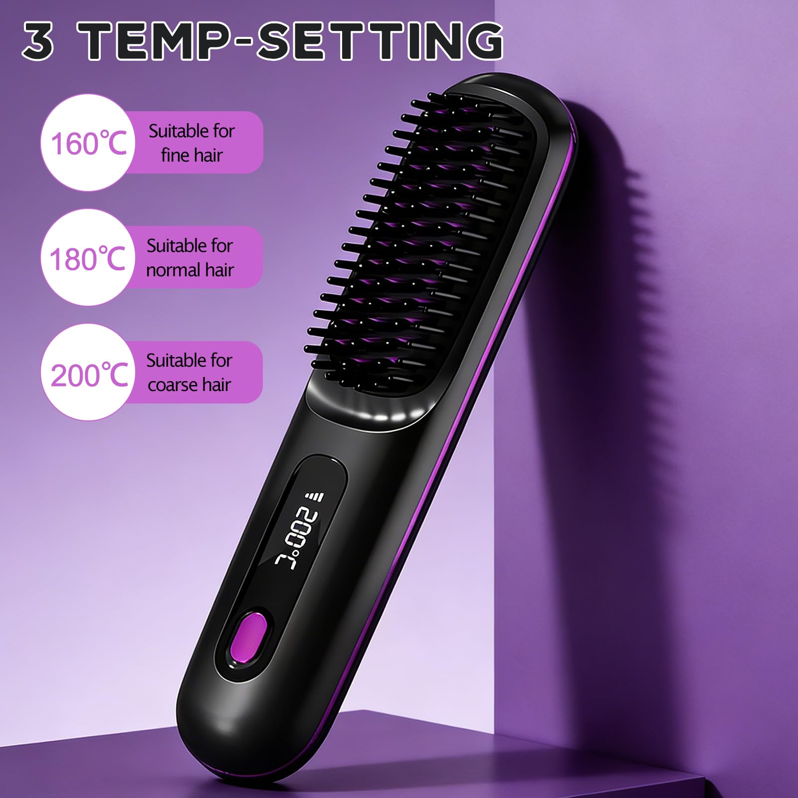 Cepillo Alisador de Pelo Inalámbrico, Cepillo de Pelo con Iones Negativos, con pantalla LED, Recarga USB, 3 niveles de temperatura para cabello liso, rizado y seco, compacto y portátil (Negro)
