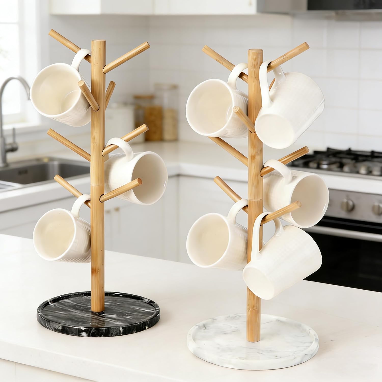 Bamboo Mug Holder, Strong 8 Hooks Coffee Mug Holders Tree Stand, Decorative Mug Racks for Counter, Non-Slip Coffee Mug Cup Tree Sturdy Mug Organizer