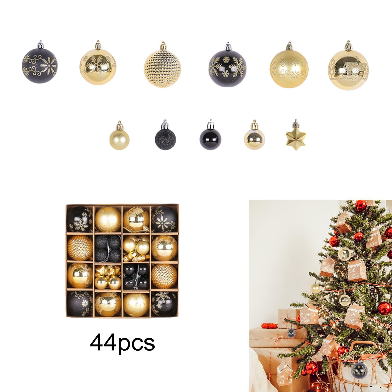 Baoblaze 44 Palline di Natale Decorative, Decorazioni Natalizie da Appendere per La Casa E Il Giardino, Oro Nero