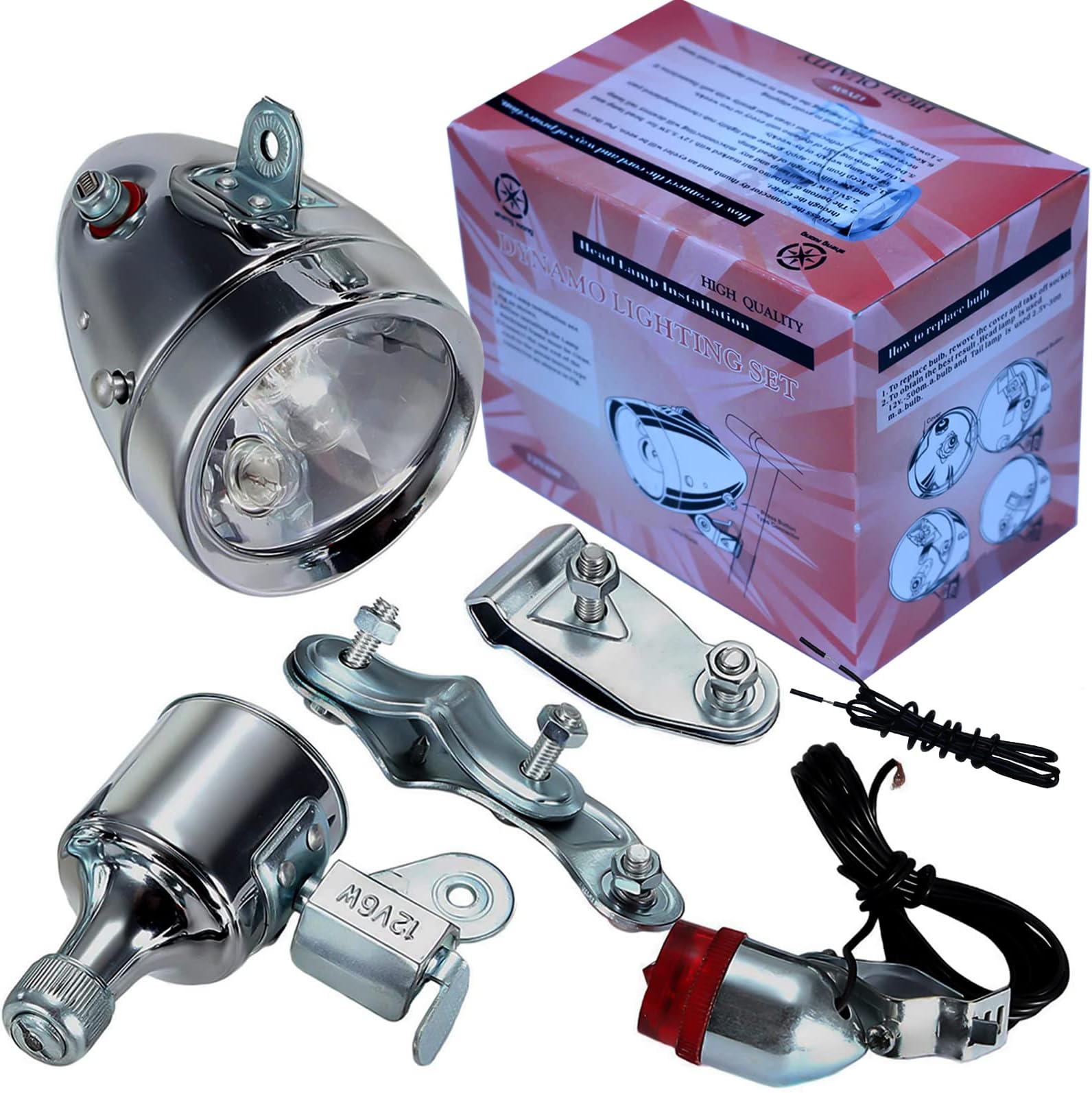 AXITRON Motorized Bicycle Friction Generator Headlight Tail Light Kit 12V 6W Dynamo Output