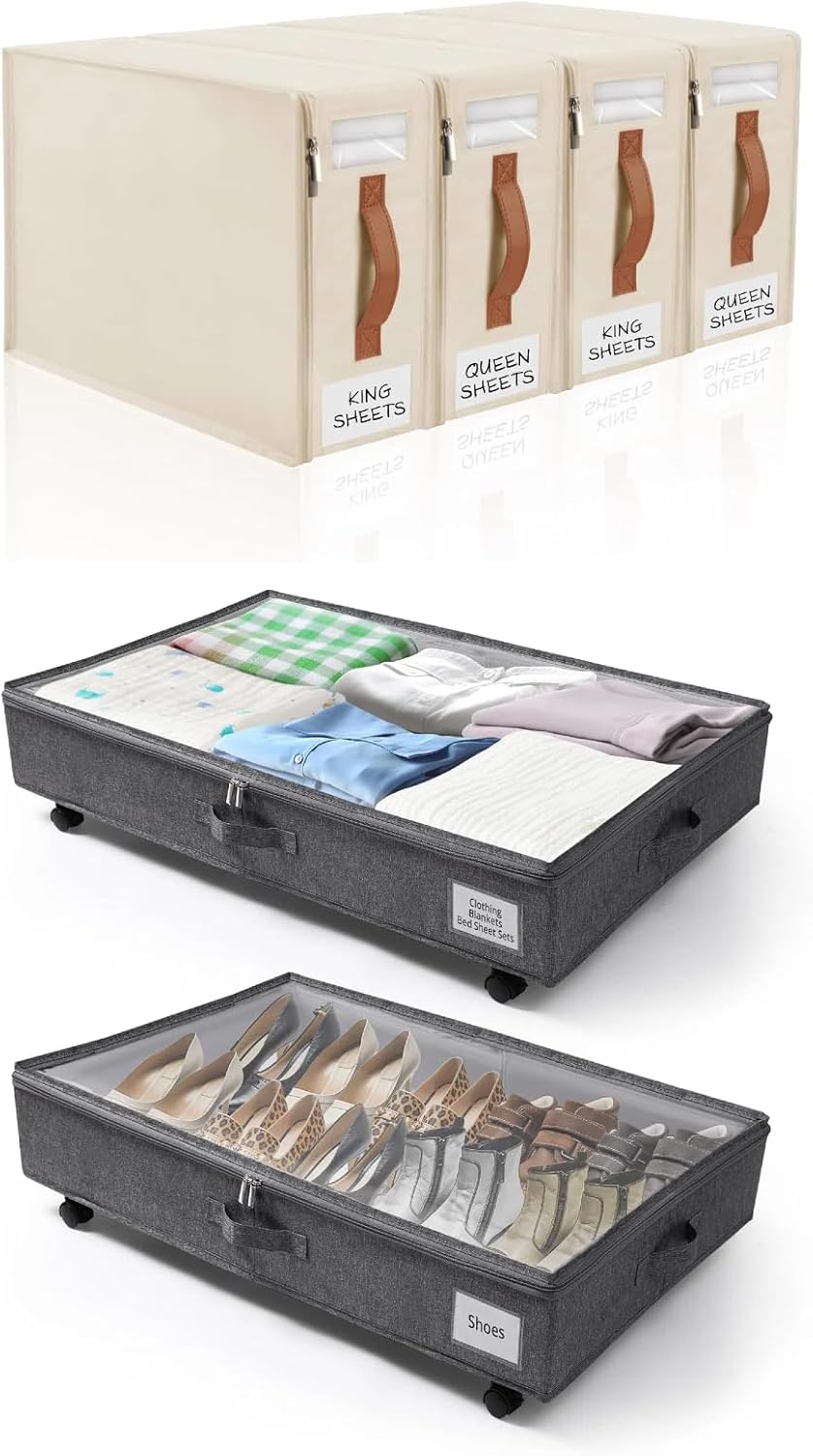 White Bed Sheet Organizer 4 Pack & Grey Under Bed Organizer