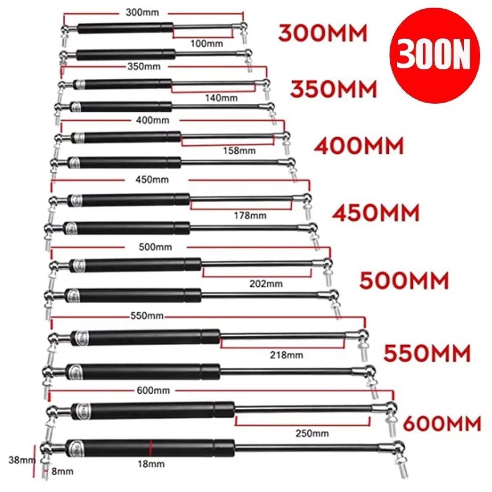Generico pistone Port Pistone A Gas Universale 300-600Mm 300N Molla portell | Supporto molla a gas cofano bagagliaio auto roulotte porte portellone barca autobus(200MM)