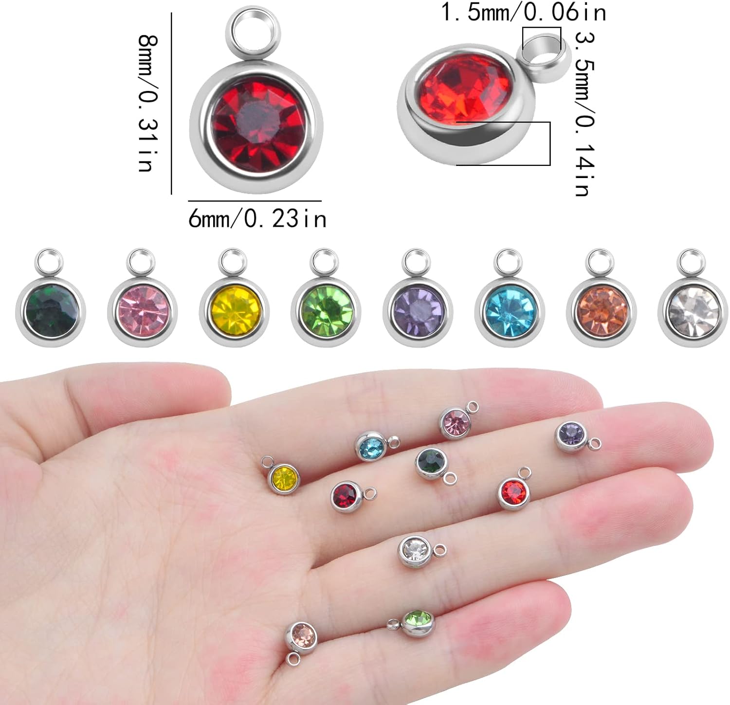 30pcs 6 mm Stainless Steel Crystal Birthstone Charms Mini Round Rhinestone Birthstone Bead Handmade Pendant with Rings for Necklace Earrings Jewelry Making Supplies, 10 Colors - Image 3