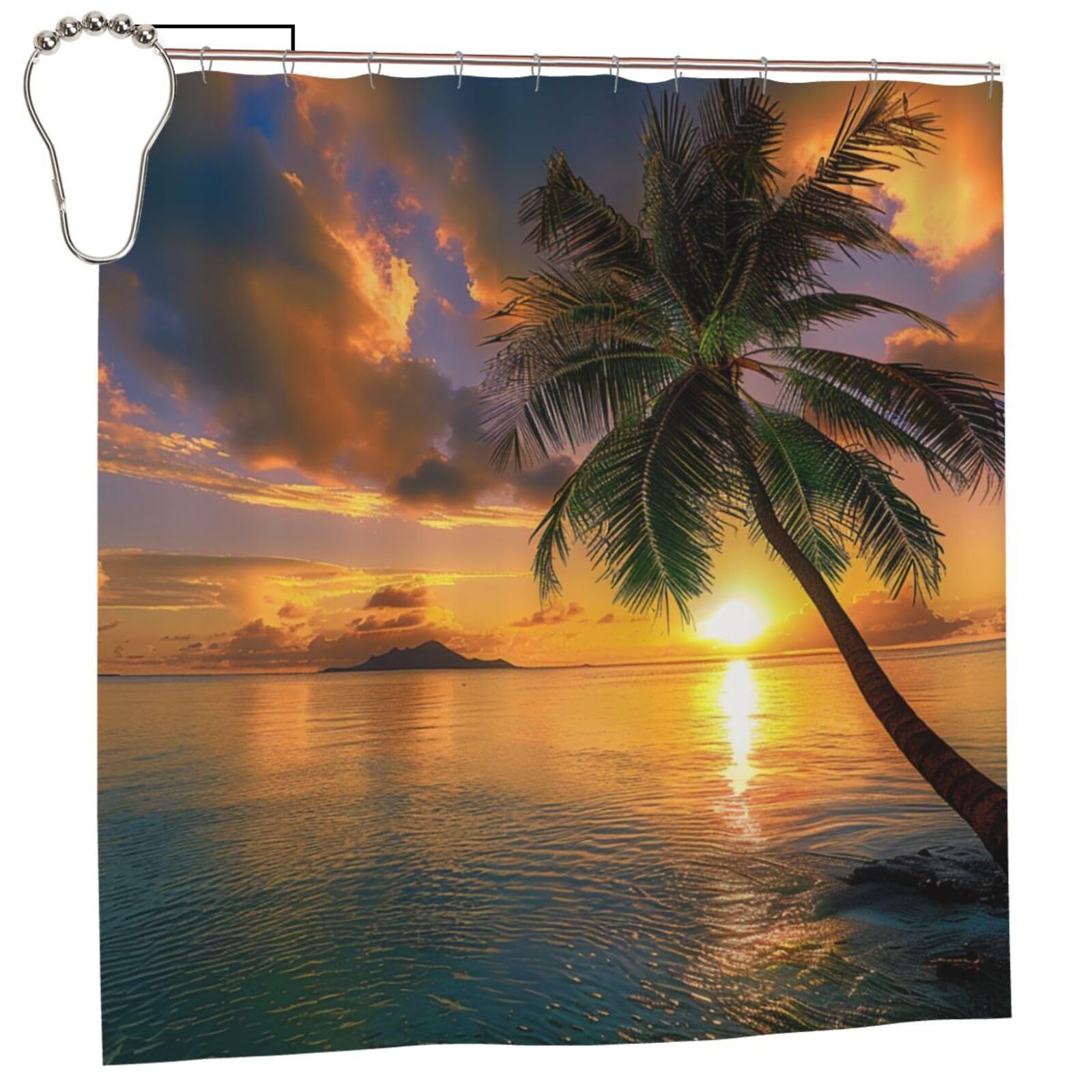 BWWHCCTI Tropical Hawaii Palm Tree Sea Sunset Printed Shower Curtain With 12 Iron Hooks Opaque Quick Drying Waterproof Shower Curtains Sets For Bathroom 183x183 CM