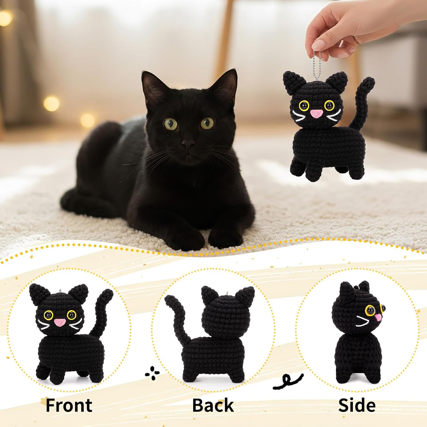 Black Cat Keychain – Handmade Crochet Cat Plush Keychain, Cute Bag Charm for Women Backpacks Accessory Birthday Gifts - Image 4