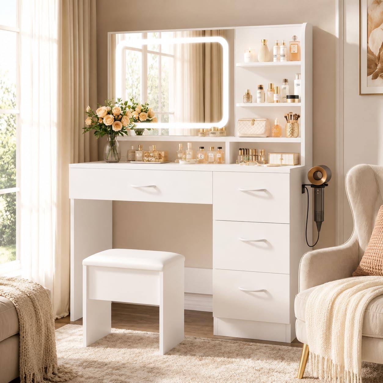 Makeup Vanity Desk with Smart LED Mirror & 4 Drawers
