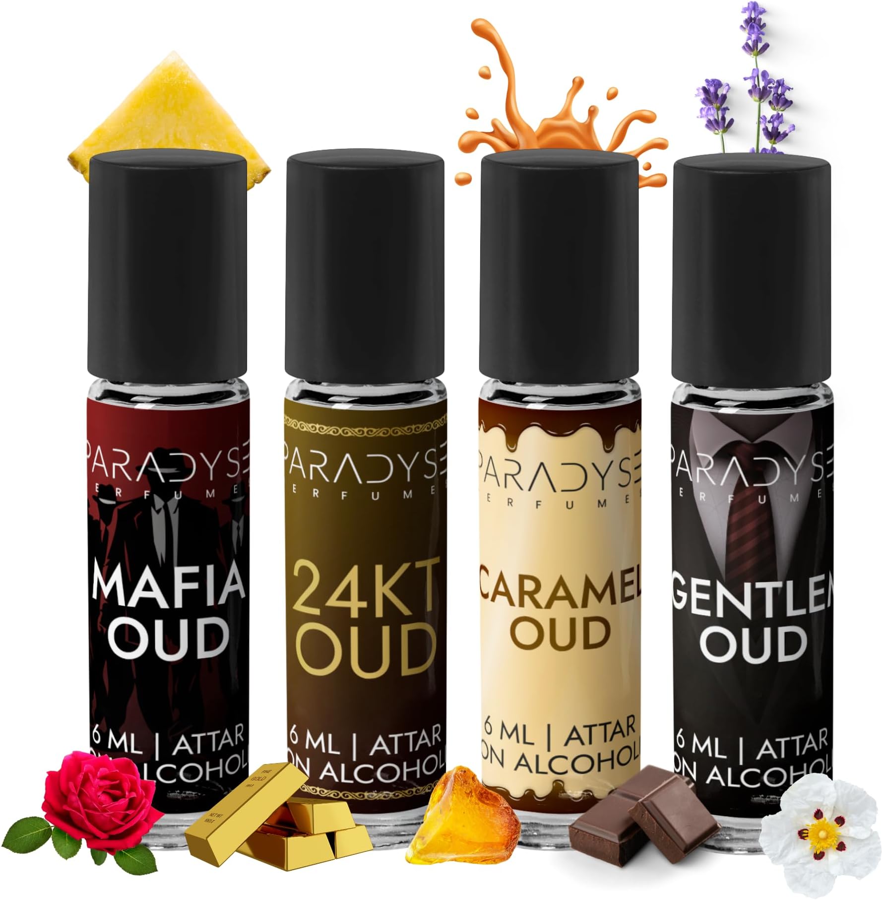 Middle East Oud Attar | Gentlemen, Caramel, Mafia & 24KT Oud | Pack Of 4 | 24 ML | Long Lasting & Refreshing Attar | 100% Natural & Alcohol Free Roll On