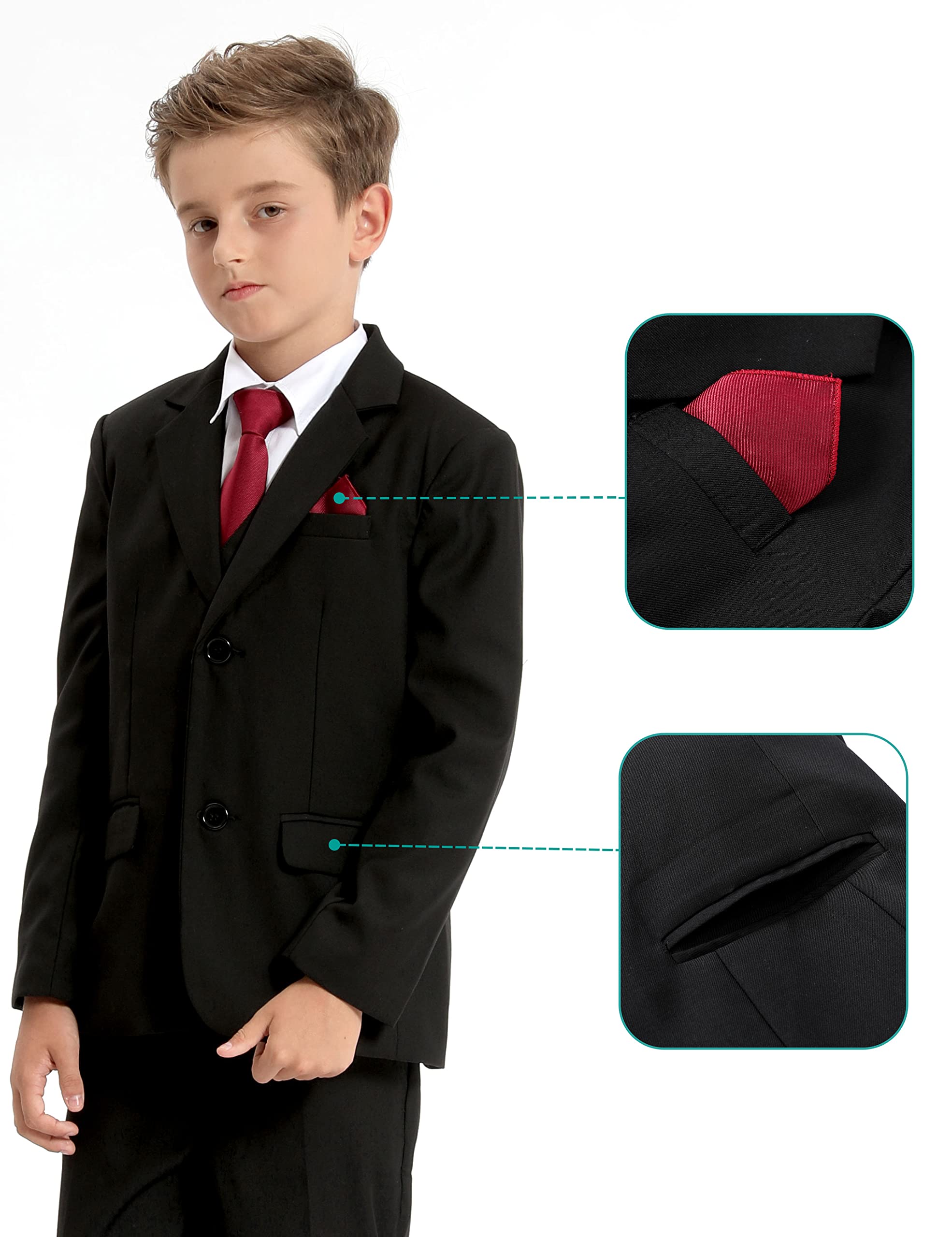 mintgreen 6pcs Ensemble de Costumes de Garçons, Blazer et Pantalon et Gilet et Chemise et Cravate avec Carré de Poche, 7-12 Ans
