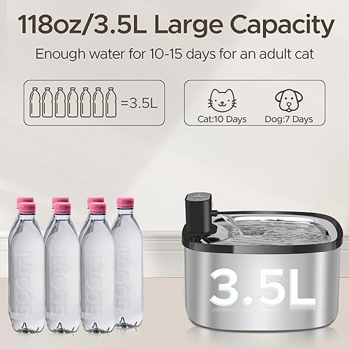Miniatura 5 de Fuente de agua inalámbrica para gatos de acero inoxidable, fuente de agua inalámbrica de 118 oz3.5 L para gatos que beben en interiores, dispensador