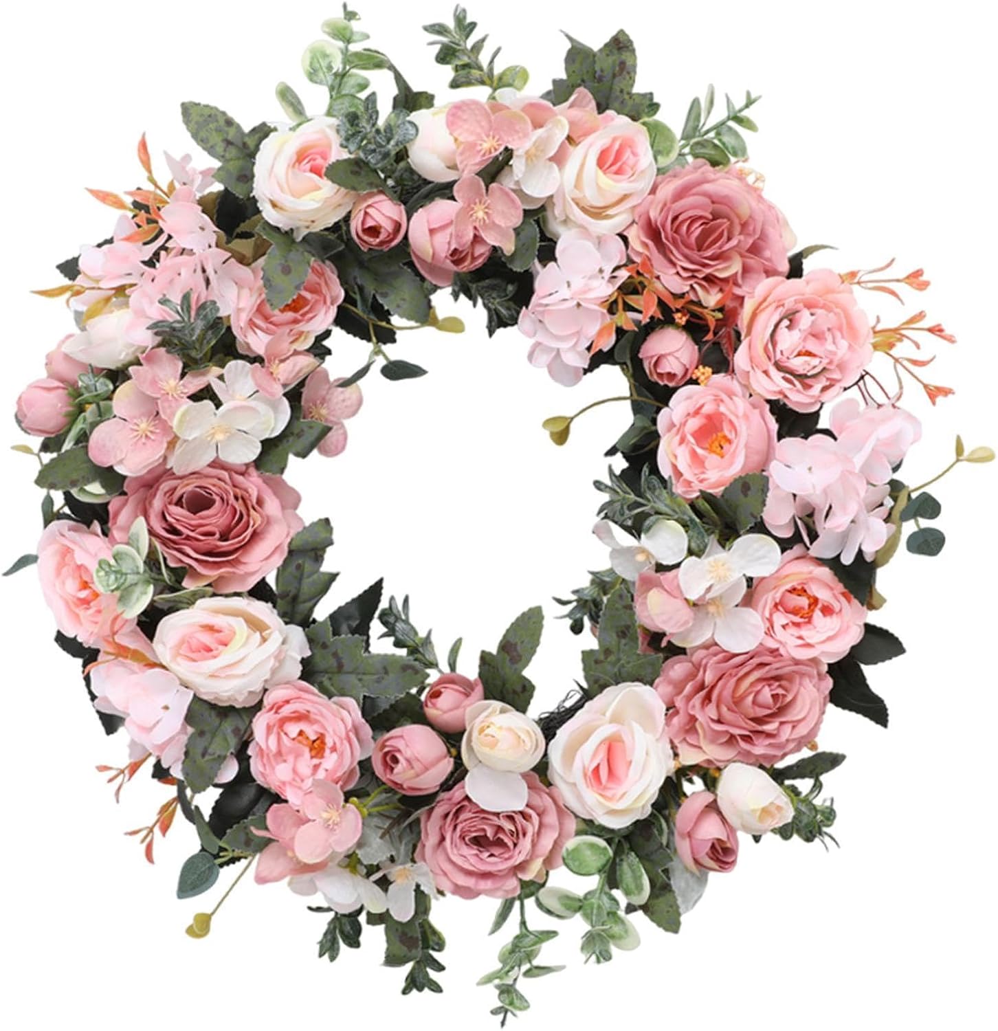 Artificial Wreath Wall Hanging Ornament for Front Door,Indoor Gifts Peony Rose Garland 18 inch Diameter for, Pink
