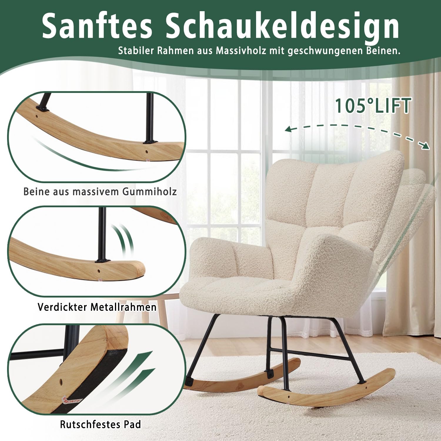 Schaukelstuhl mit weichem Lammfellimitat Beiger Relaxstuhl im Skandi-Stil gepolstert & ergonomisch ideal fürs Wohnzimmer Schlafzimmer