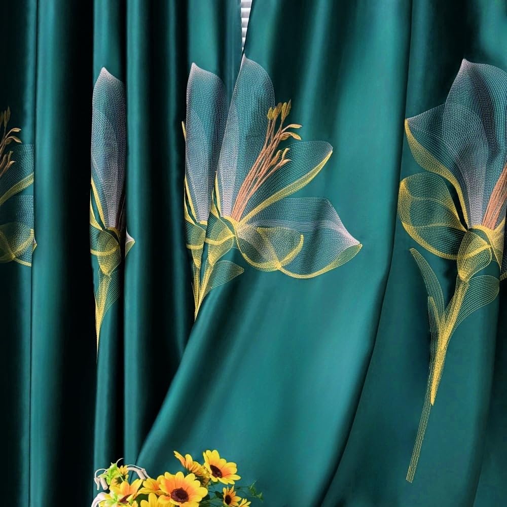 MYRU 1 paire de rideaux chinois en satin brodé à fleurs pour salon, chambre à coucher (vert, 2 x 168 x 228 cm)