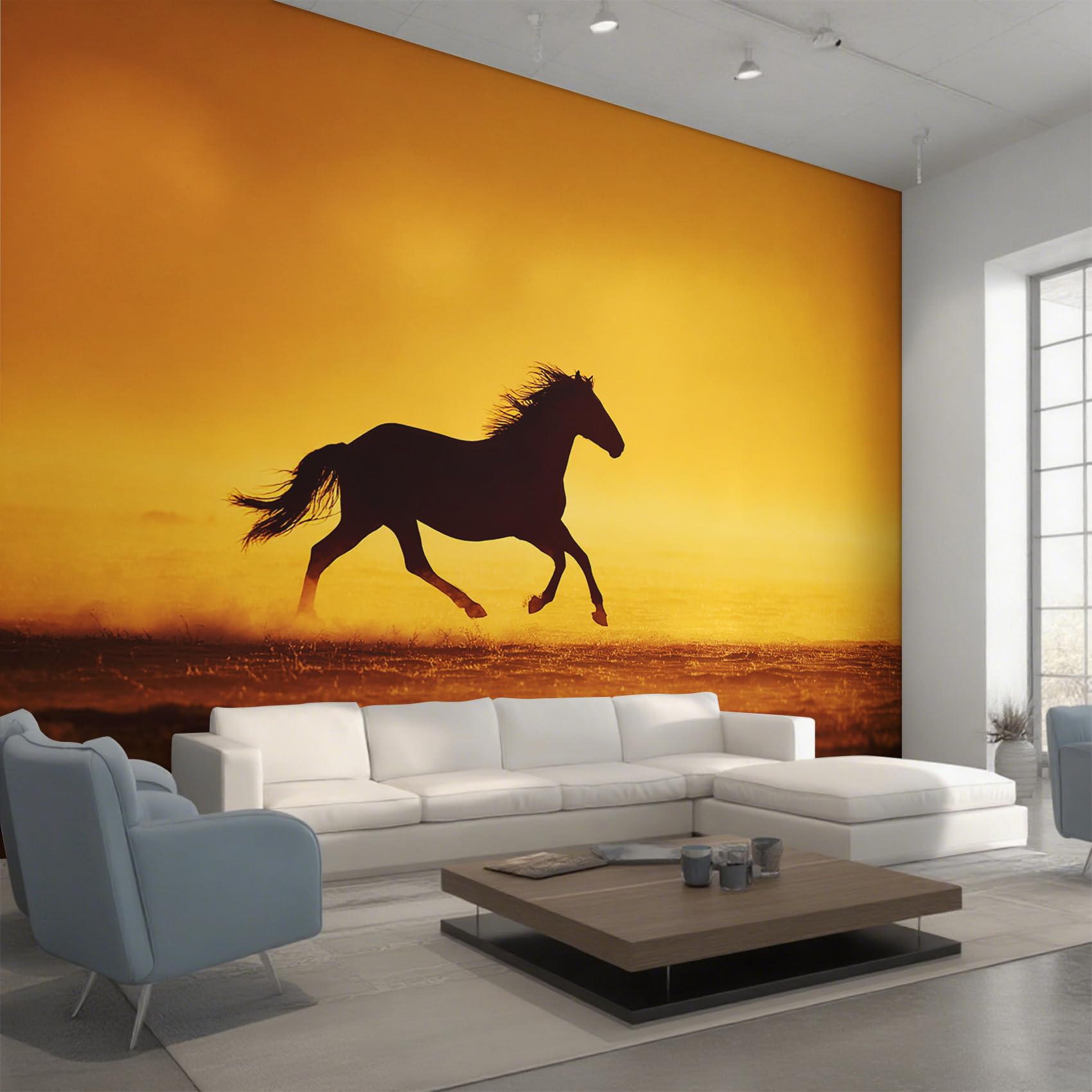 Papier peint panoramique cheval noir XXL 450x315 cm sunset fresque